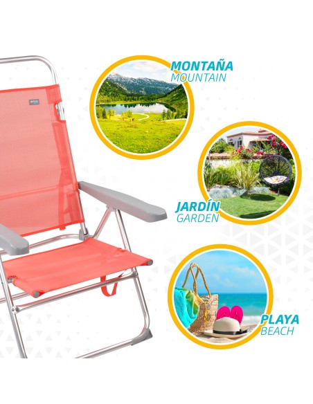 Pack de 2 cadeiras de praia dobráveis + guarda-sol com 8 varas de 180 cm cor coral
