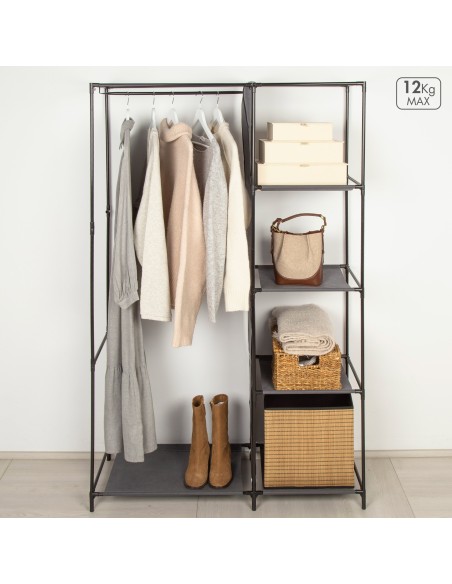 Max Home Roupeiro de tecido roupeiro 4 prateleiras 1 calha 105x44x160 cm cinzento