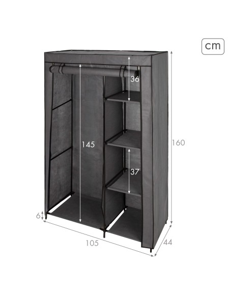 Max Home Roupeiro de tecido roupeiro 4 prateleiras 1 calha 105x44x160 cm cinzento