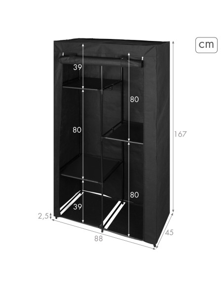 Max Home Roupeiro de tecido Roupeiro de 3 prateleiras 88x45x167 cm preto