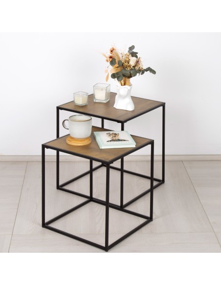 Max Home Conjunto de 2 mesas de apoio em metal e madeira 37x37x40cm e 33x33x35 cm