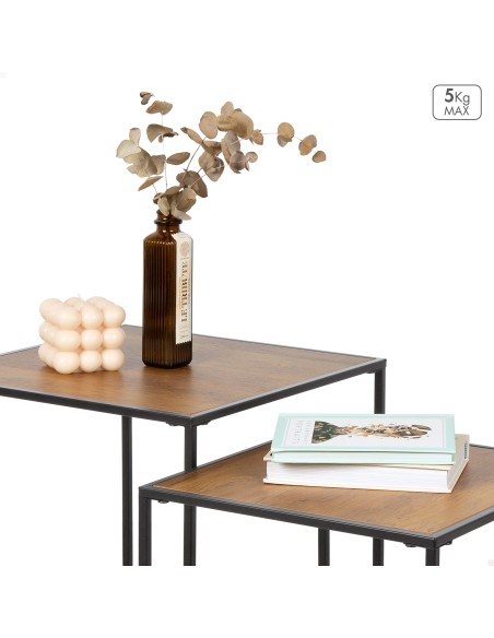 Max Home Conjunto de 2 mesas de apoio em metal e madeira 37x37x40cm e 33x33x35 cm