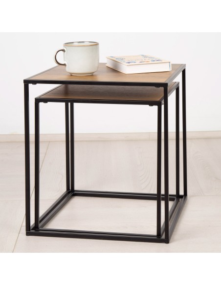 Max Home Conjunto de 2 mesas de apoio em metal e madeira 37x37x40cm e 33x33x35 cm