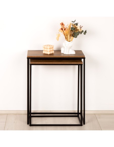 Max Home Conjunto 2 mesas de apoio em metal e madeira 50x25x60cm e 45x22x55 cm