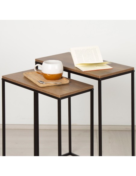 Max Home Conjunto 2 mesas de apoio em metal e madeira 50x25x60cm e 45x22x55 cm