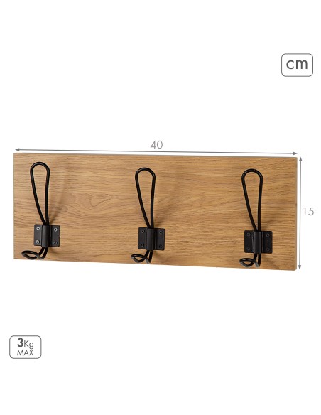 Max Home Cabide de parede de madeira  com 3 ganchos, 40x7x15 cm