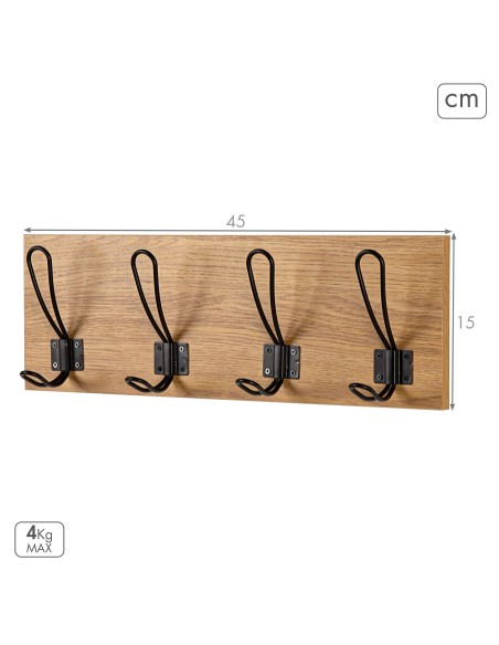 Cabide de parede de madeira Max Home com 4 ganchos, 45x7x15 cm