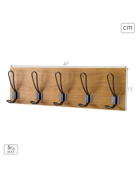 Max Home Cabide de parede de madeira com 5 ganchos, 47 x 7 x 15 cm