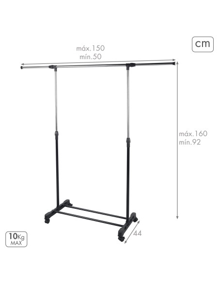 Cabideiro Max Home com 1 Barra Ajustável em Comprimento e Altura, Rodas e Cabide Inferior