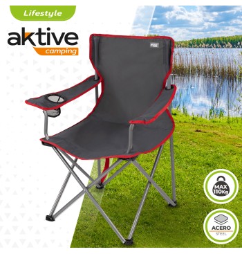 Cadeira de acampamento dobrável cinza com porta-copos 2