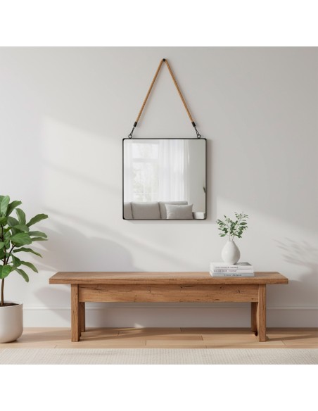 Max Home Espelho de parede quadrado 40x40 cm com moldura metálica e corda