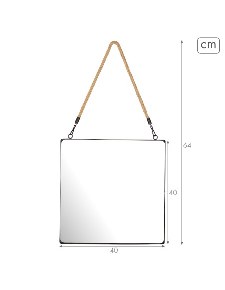 Max Home Espelho de parede quadrado 40x40 cm com moldura metálica e corda