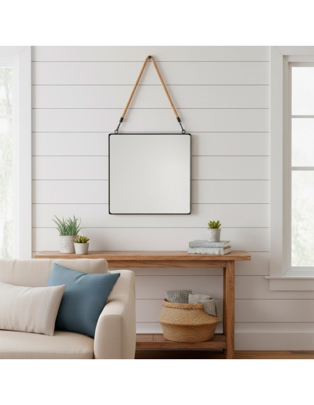 Max Home Espelho de parede quadrado 40x40 cm com moldura metálica e corda