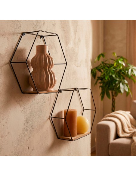 Max Home Conjunto de 2 prateleiras de parede hexagonais em madeira 1 prateleira 26x10x23 cm e 29x10x26 cm