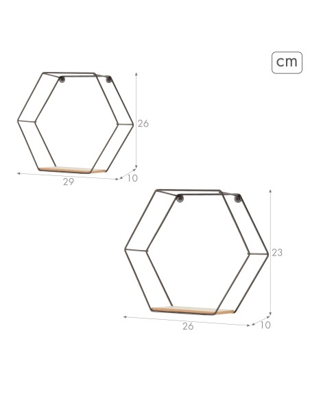 Max Home Conjunto de 2 prateleiras de parede hexagonais em madeira 1 prateleira 26x10x23 cm e 29x10x26 cm