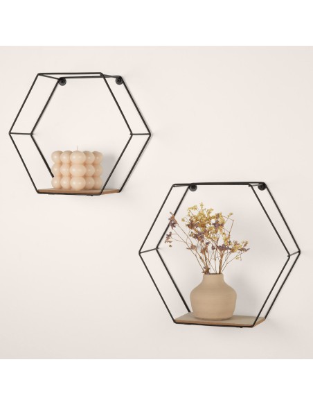 Max Home Conjunto de 2 prateleiras de parede hexagonais em madeira 1 prateleira 26x10x23 cm e 29x10x26 cm