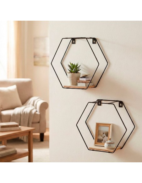 Max Home Conjunto de 2 prateleiras de parede hexagonais em madeira 1 prateleira 27x10x24 cm e 30x10x25 cm