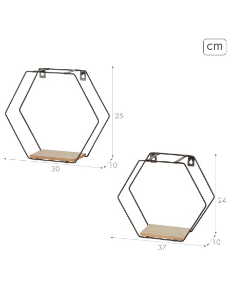 Max Home Conjunto de 2 prateleiras de parede hexagonais em madeira 1 prateleira 27x10x24 cm e 30x10x25 cm