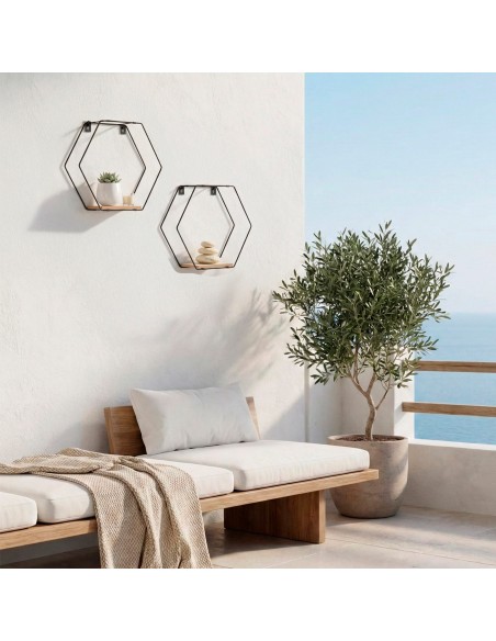 Max Home Conjunto de 2 prateleiras de parede hexagonais em madeira 1 prateleira 27x10x24 cm e 30x10x25 cm