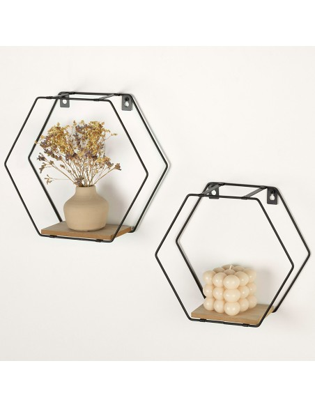 Max Home Conjunto de 2 prateleiras de parede hexagonais em madeira 1 prateleira 27x10x24 cm e 30x10x25 cm