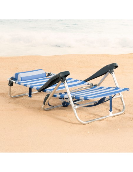 Cadeira de praia dobrável e reclinável 8 posições com riscas com almofada e pegas