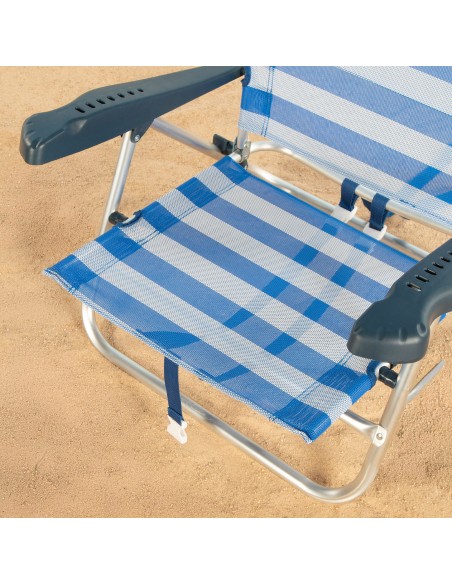 Cadeira de praia dobrável e reclinável 8 posições com riscas com almofada e pegas