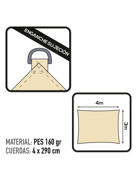 Toldo retangular para sombra, 400x300 cm, cor creme.