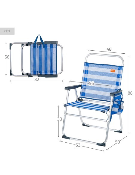 Cadeira de praia alta fixa 48x50x88 cm com riscas de marinheiro e bolso
