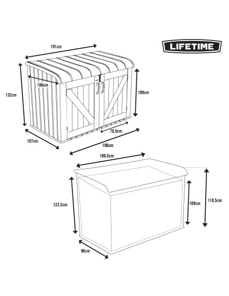 Lifetime Caixa de armazenamento horizontal com portas articuladas e teto para uso externo, 191x107x132 cm