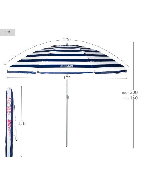 Guarda-chuva de praia à prova de vento 8 varas 200 cm riscas de marinheiro