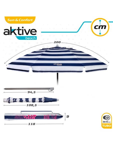 Guarda-chuva de praia à prova de vento 8 varas 200 cm riscas de marinheiro