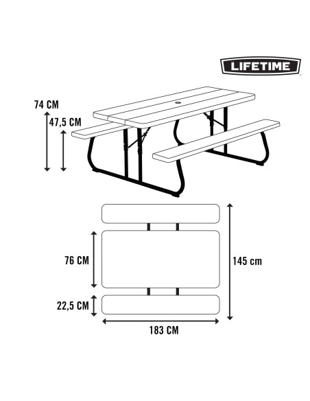 Lifetime Mesa dobrável com bancos integrados 183x76x74 cm