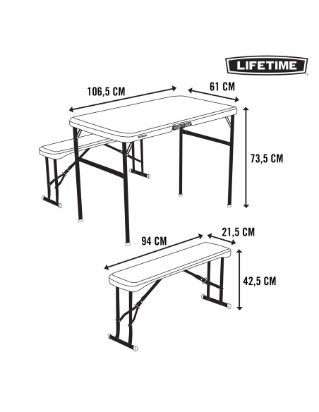 Lifetime Conjunto de mesa dobrável e 2 bancos 107x61x74 cm