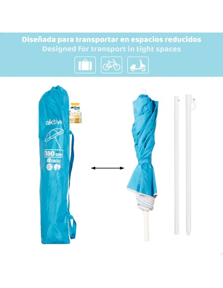 Guarda-sol de praia dobrável compacto com 8 hastes 180 cm azul