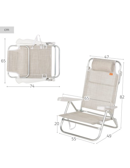 Cadeira de praia baixa multiposições 47x49x82 cm bege