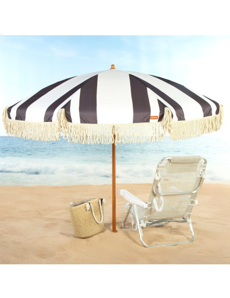 Guarda-sol de praia com 8 varetas, 200 cm, estampa em preto e branco com franjas
