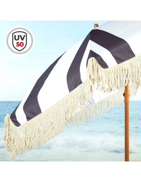 Guarda-sol de praia com 8 varetas, 200 cm, estampa em preto e branco com franjas