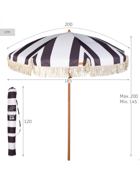 Guarda-sol de praia com 8 varetas, 200 cm, estampa em preto e branco com franjas
