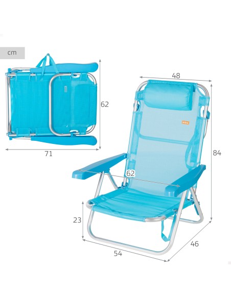 Pack 2 cadeiras de praia baixas multiposição 48x46x84 cm azuis