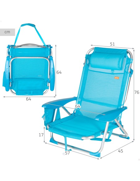 Pack 2 cadeiras de praia baixas multiposicionáveis 51x45x76 cm azul