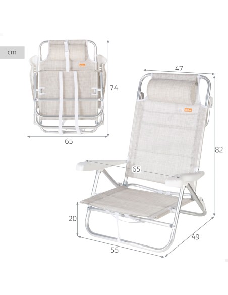 Pack 2 cadeiras de praia baixas multiposição 47x49x82 cm bege
