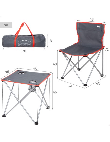 Conjunto de mesa e 2 cadeiras de campismo em aço
