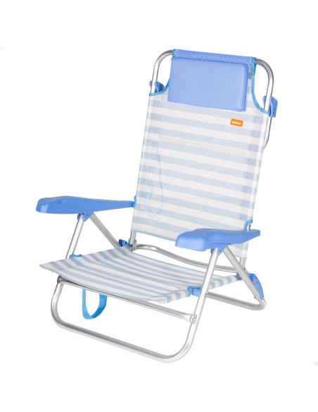 Cadeira de praia dobrável com múltiplas posições, 48x50x80 cm, listrada em azul, com alça e almofada