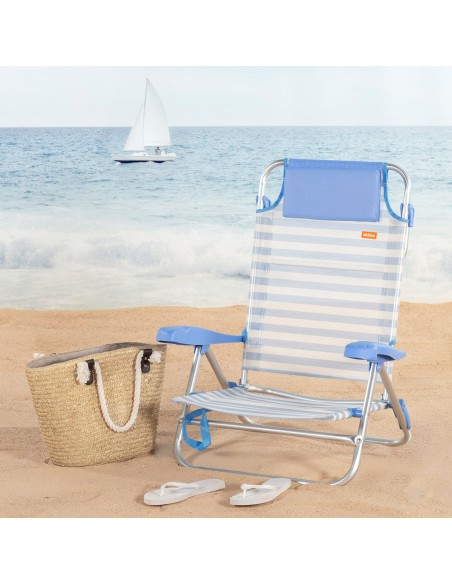 Cadeira de praia dobrável com múltiplas posições, 48x50x80 cm, listrada em azul, com alça e almofada