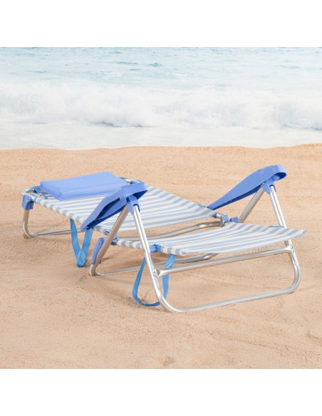 Cadeira de praia dobrável com múltiplas posições, 48x50x80 cm, listrada em azul, com alça e almofada