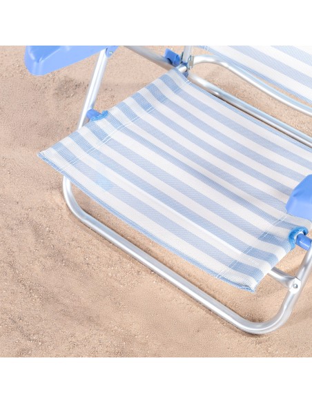Cadeira de praia dobrável com múltiplas posições, 48x50x80 cm, listrada em azul, com alça e almofada