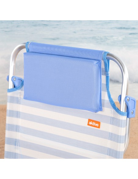 Cadeira de praia dobrável com múltiplas posições, 48x50x80 cm, listrada em azul, com alça e almofada