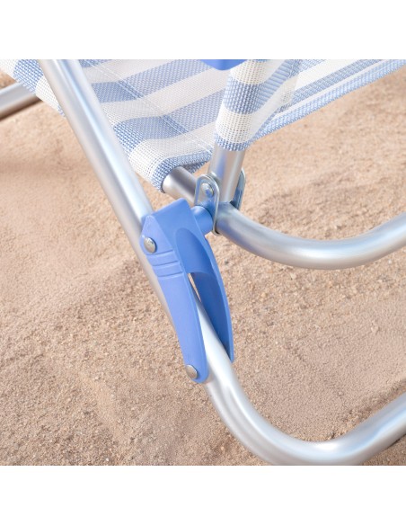 Cadeira de praia dobrável com múltiplas posições, 48x50x80 cm, listrada em azul, com alça e almofada