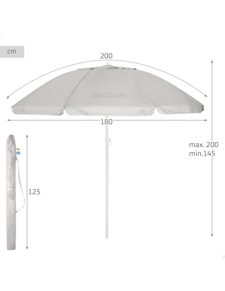 Guarda-sol de praia com 8 varetas, 200 cm, cinza, inclinável, UV50