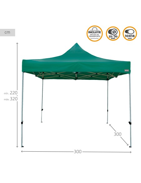 Gazebo Max-Air dobrável e regulável em altura 300x300x220/320 cm verde